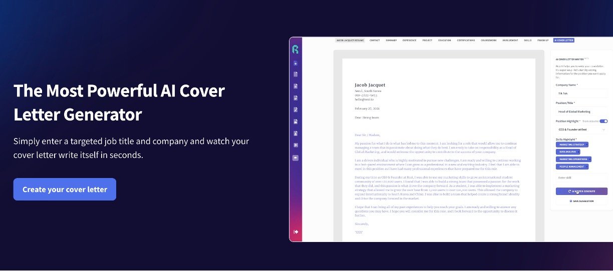 Top 10 Best AI Cover Letter Generators 2023   Rezi.aiai Cover Letter Builder 